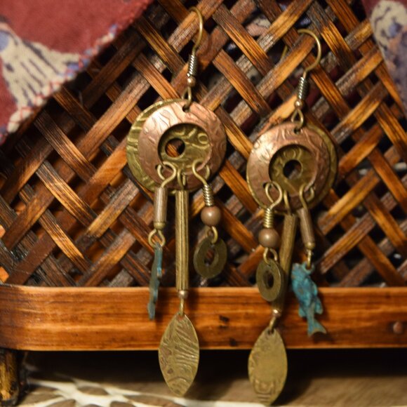 Vintage Handmade Brass Dangle Earrings | Boho Statement Jewelry - Picture 1 of 4